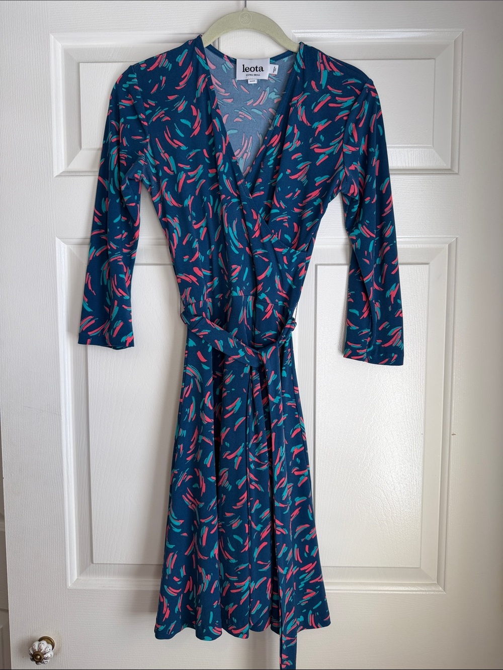 Leota Teal Wrap Dress with Pink Feather Motif
